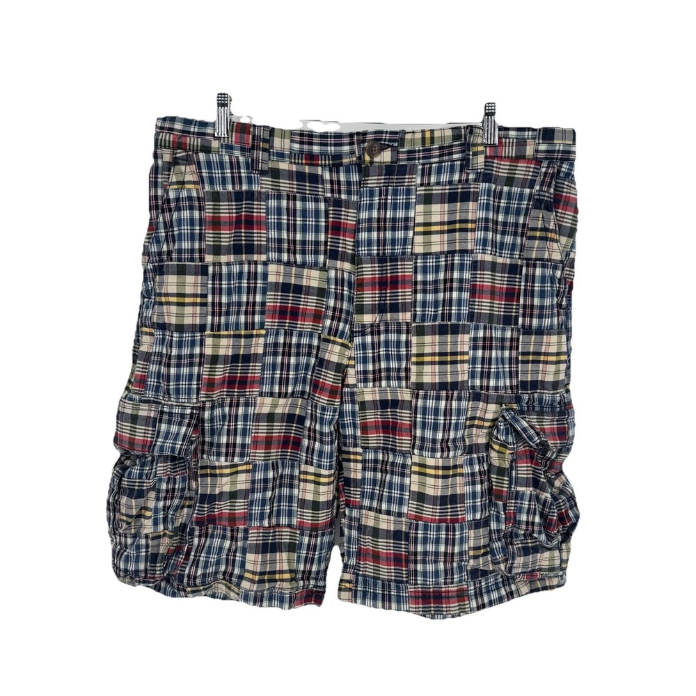 Lands End Fisherman Madras Shorts Mens 38 Plaid Patchwork Nautical Preppy Cargo
